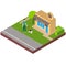 Isometric building pets or zoo store. Man walk with beagle to the shop. Dog walking service.