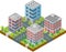 Isometric Building vector. Three building on Yard with road and trees.smart city and public park