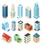 Isometric buildings set isolated on white, office skyscraper and residential house, vector illustration