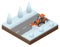 Isometric bulldozer cleans from the road old snow. Vector illustration of snowblower