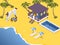 Isometric bungalow with pool and dining table on the sea beach scene
