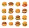 Isometric burger vector illustration set, 3d cartoon fresh different hamburgers for fast food cafe menu icon set