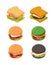 Isometric burgers and sandwich. Fast food pictures set