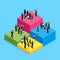 Isometric business concept of teamwork and competition.