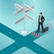 Isometric business directions. Businessman standing at a crossroad and looking directional signs arrows in difficult