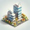 Isometric business glass office building. Isometric modern architecture design. Sustainable green building. Office with green