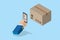 Isometric business hand holding smartphone to scan qr code on box for detail of merchandise, technology and business concept