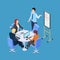 Isometric business meeting or conference with info desk vector illustration