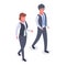 Isometric business people. Office workers conversation, walking successful employees wearing business suits 3d vector illustration