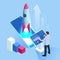 Isometric Business Start Up Concept. Startup technology concept with spaceship. Isometric design for business startup