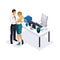 Isometric business woman and businessman hugging in the office, office romance, staff, director and secretary, love, beautiful