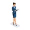 Isometric business woman with gadgets, young entrepreneur, looks at a report on a tablet, makes a presentation, smartphone