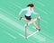 Isometric business woman jumping over an obstacle. Overcome obstacles. Business competition concept.