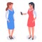 Isometric business women. Successful office workers conversation, female managers wearing business suits, office colleagues in