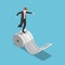 Isometric businessman balancing on the roll of receipt