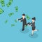 Isometric businessman and businesswoman chasing falling dollar m