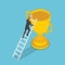 Isometric businessman climbs up ladder to the trophy