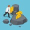 Isometric businessman is digging bitcoin from the rock