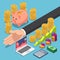 Isometric businessman divide the money for saving and investing