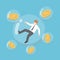 Isometric businessman and dollar coin floating in bubbles.