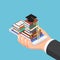 Isometric businessman hand holding smartphone with book and grad