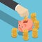 Isometric businessman hand putting dollar coin into piggy bank.