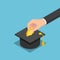 Isometric businessman hand putting gold coin into graduation cap