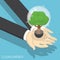 Isometric businessman hands holding eco friendly light bulb