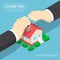 Isometric businessman hands protecting the house