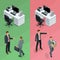 Isometric businessman is hired in an office and employee is fired from his job concept. Vector illustration