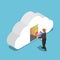 Isometric businessman keep file in cloud shaped room.