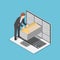 Isometric businessman manage document folders in cabinet inside the laptop screen