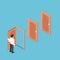 Isometric businessman opening the door and facing other doors