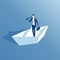 Isometric businessman and paper boat