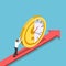 Isometric businessman push half of clock and money coin forward