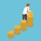 Isometric businessman put coin to growth stack of coins.