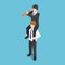 Isometric businessman ride on his colleague shoulder and use spy