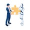 Isometric Businessman and Robot Holding Last Piece of Jigsaw Together