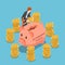 Isometric businessman saving money in piggy bank