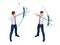Isometric Businessman shooting a bow and arrow. Success. Arrow hit the center of the target. Business target achievement