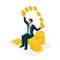 Isometric businessman sitting on a big pile of money and tossing gold coins Crypto Currency, Bitcoin. Vector illustration of a fin