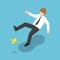 Isometric businessman slipped on a banana peel.