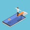Isometric businessman on springboard ready to jump in the smartphone pool