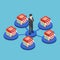 Isometric businessman standing with shopping store network.