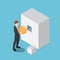 Isometric businessman trying to put sphere shape into the square hole