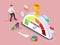 Isometric businessman turning mood meter arrow back with rope, vector illustration. Job stress and emotion regulation.