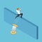 Isometric businessman use spring to jumping over the wall