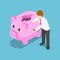 Isometric businessman use stethoscope to check piggy bank