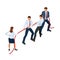 Isometric businessmen and businesswomen in suit pull the rope, competition, conflict. Tug of war and symbol of rivalry.