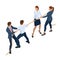 Isometric businessmen and businesswomen in suit pull the rope, competition, conflict. Tug of war and symbol of rivalry.